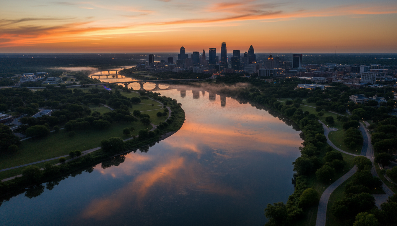 The Arkansas River in Tulsa at golden hour