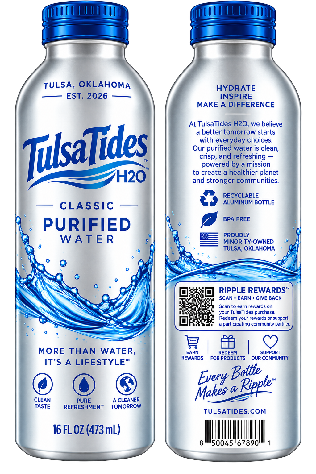 TulsaTides H2O Classic aluminum bottle, front and back label