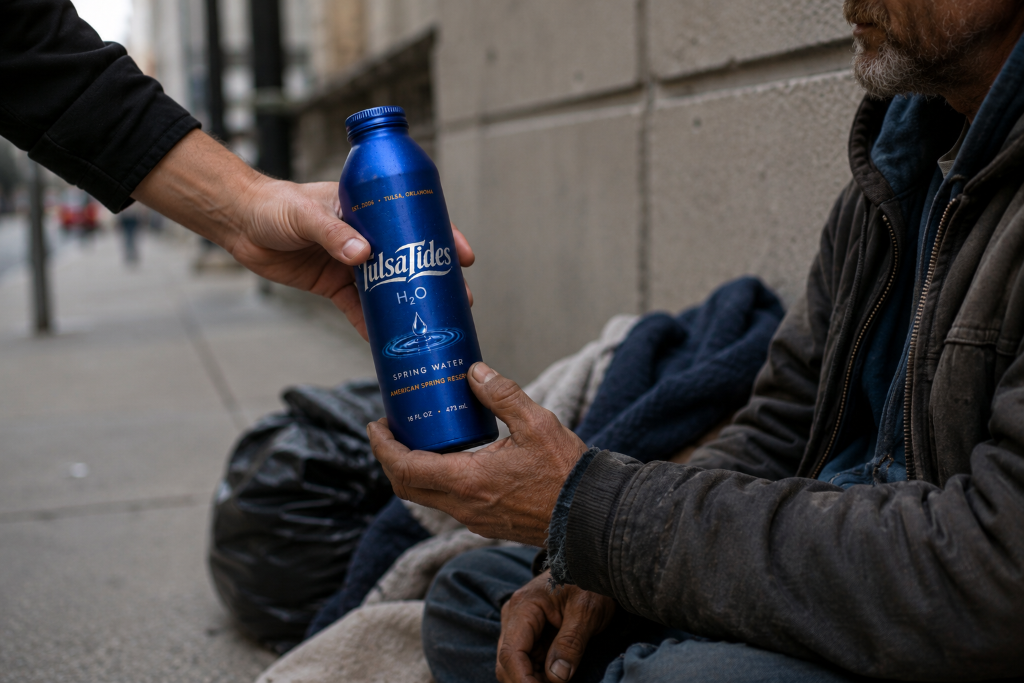 Giving a TulsaTides bottle to someone in need