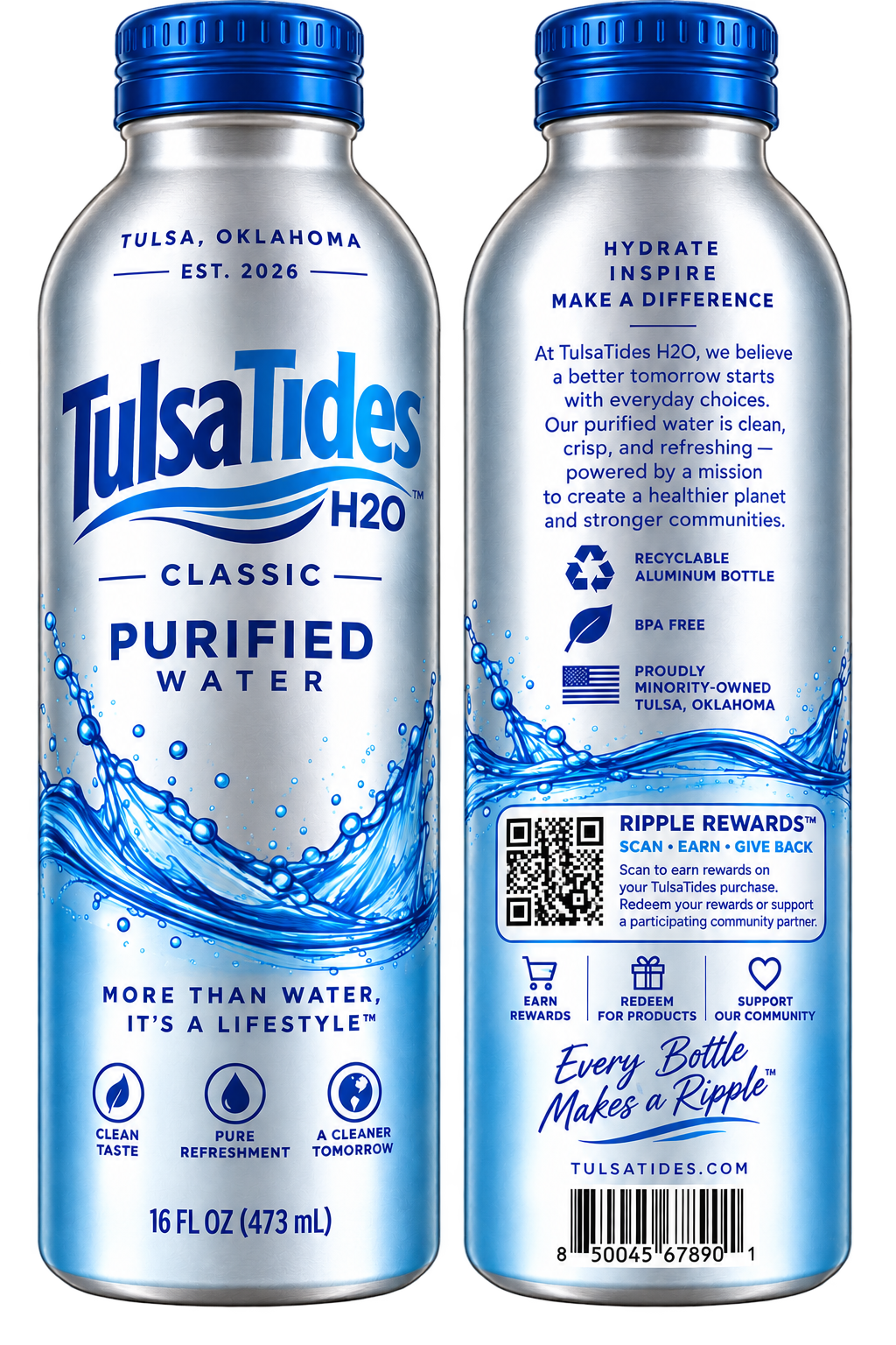 TulsaTides H2O Classic aluminum bottle, front and back label