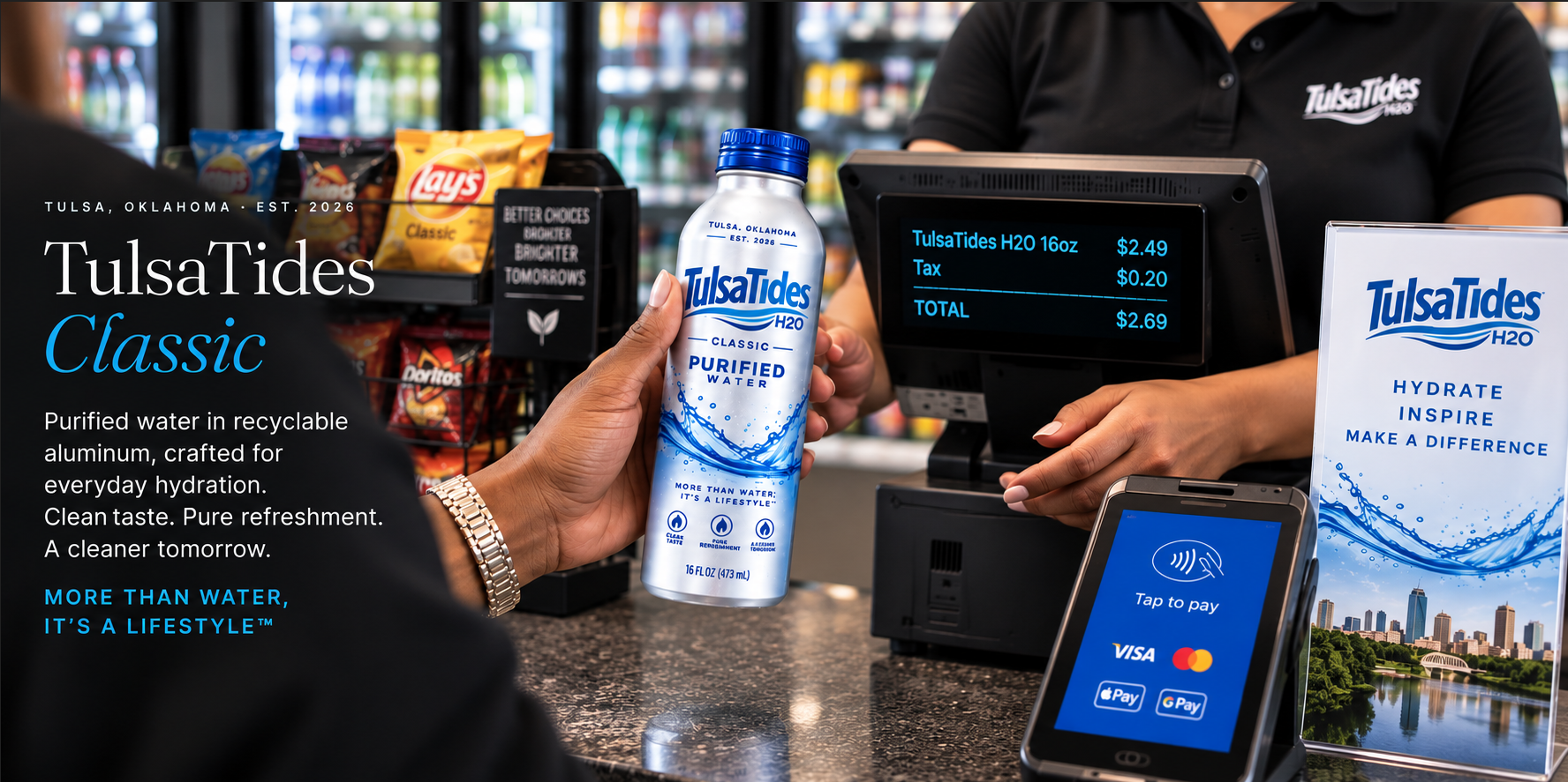 Customer purchasing a TulsaTides H2O Classic bottle at a Tulsa store register