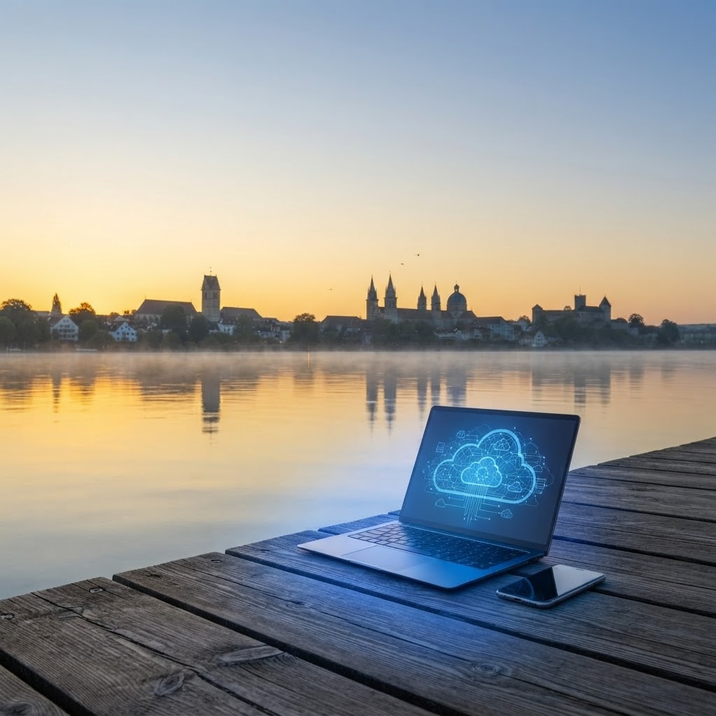 IT-Workspace am Bodensee mit Silhouette von Kreuzlingen im Sonnenuntergang — sysx Business IT Service
