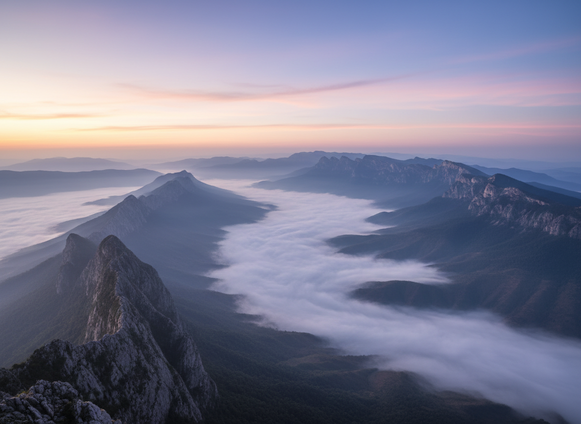 Mountain range at dawn with misty valleys — the landscape of transformation