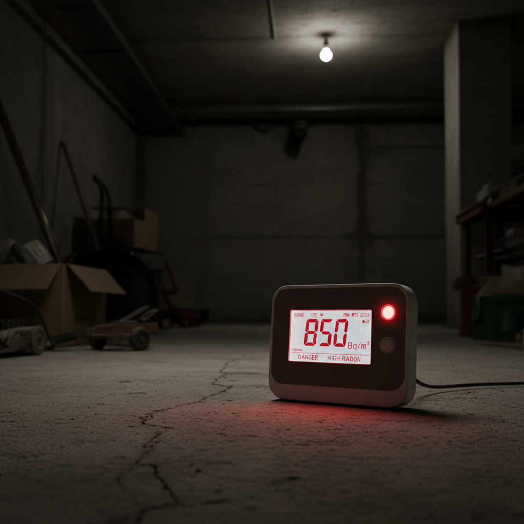Radon detector showing high radon level
