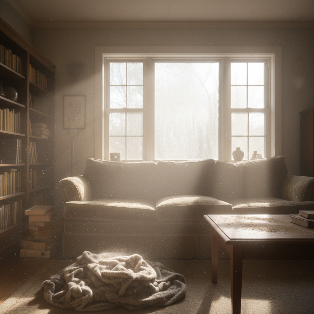 Living room with visible dust and airborne particles