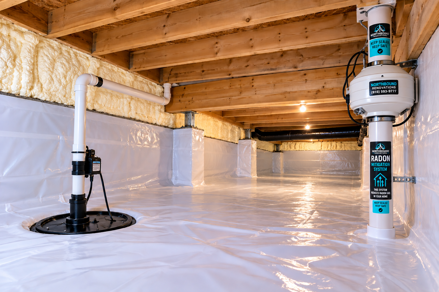 Professionally encapsulated crawlspace with radon mitigation system