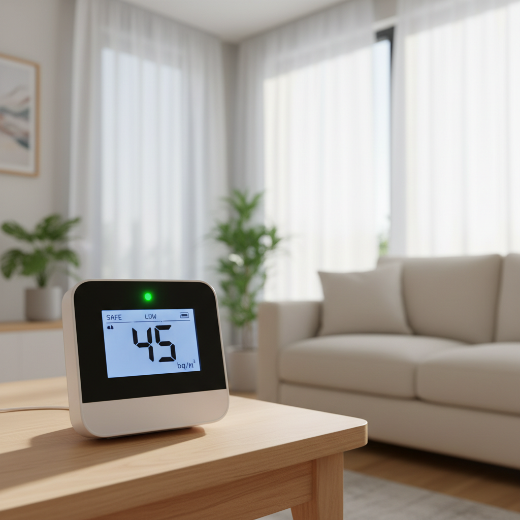 Radon detector showing safe low radon level after mitigation