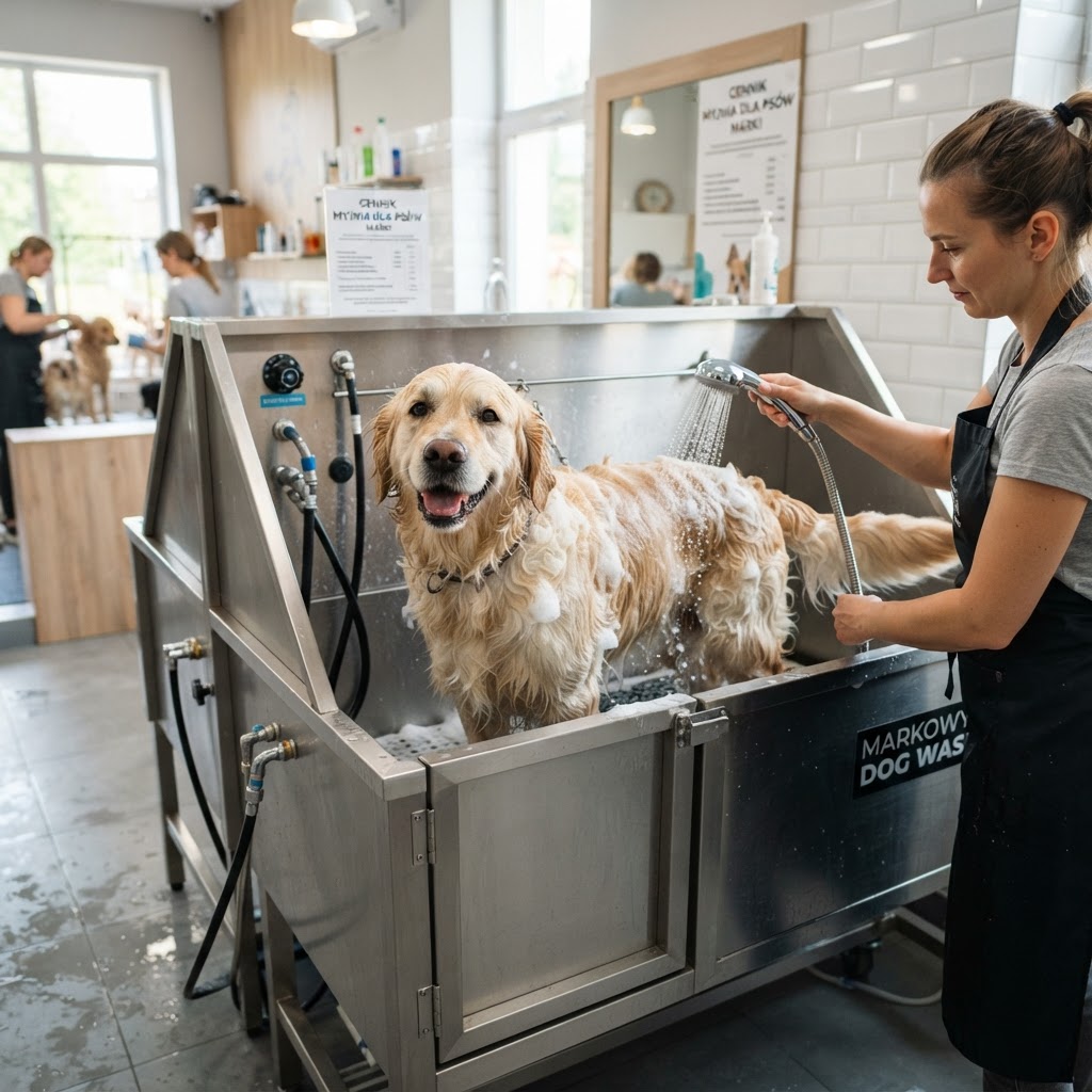 Szczęśliwy pies rasy Golden Retriever kąpany w nowoczesnej myjni samoobsługowej w Markach.
