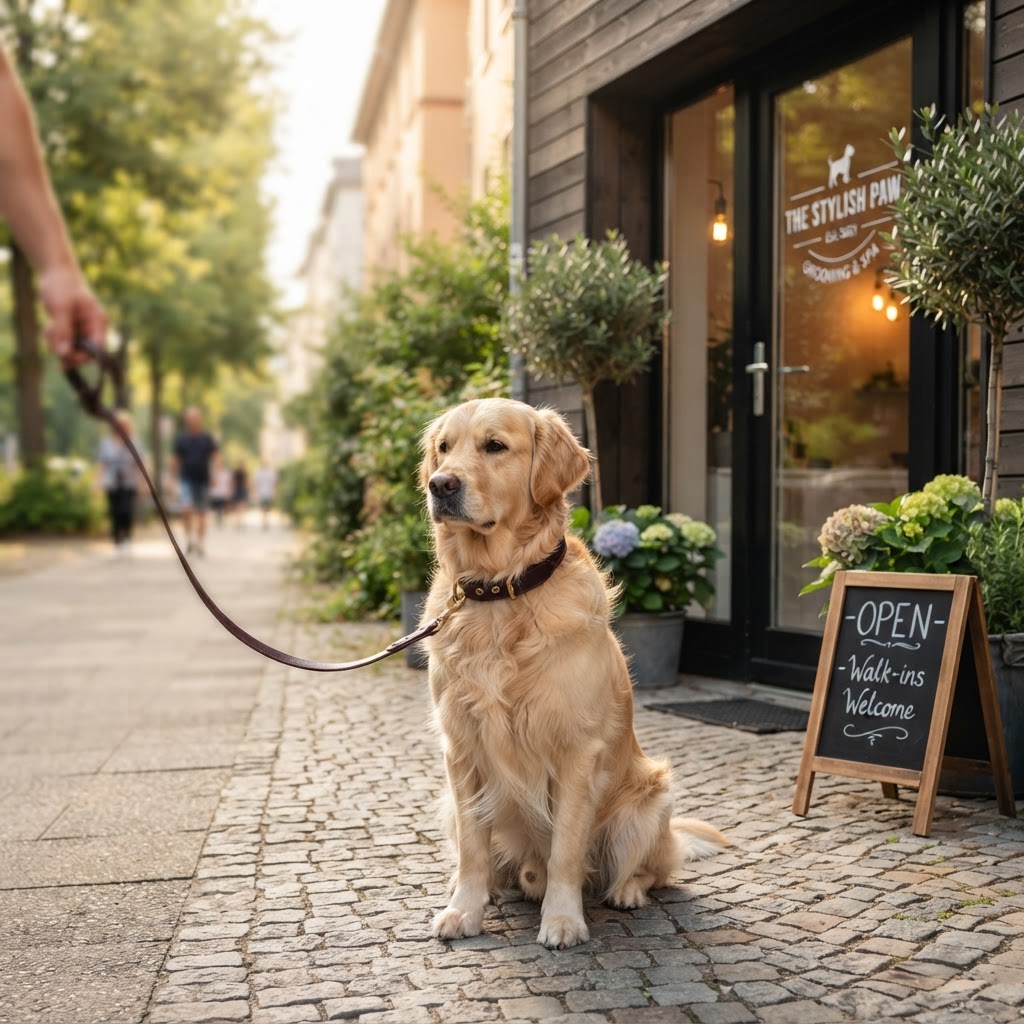 Spokojny pies rasy Golden Retriever siedzący przed wejściem do nowoczesnego salonu groomerskiego.