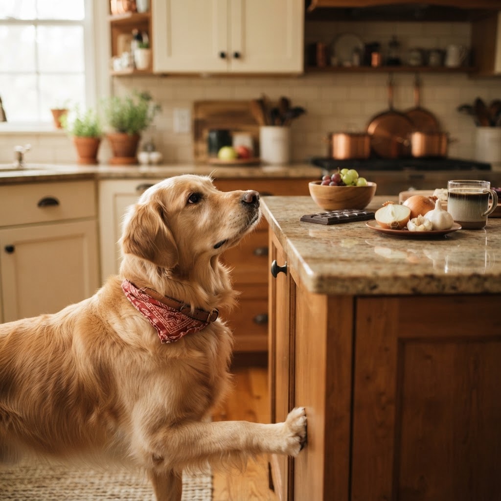 Zadbany pies rasy golden retriever przy stole kuchennym z produktami spożywczymi