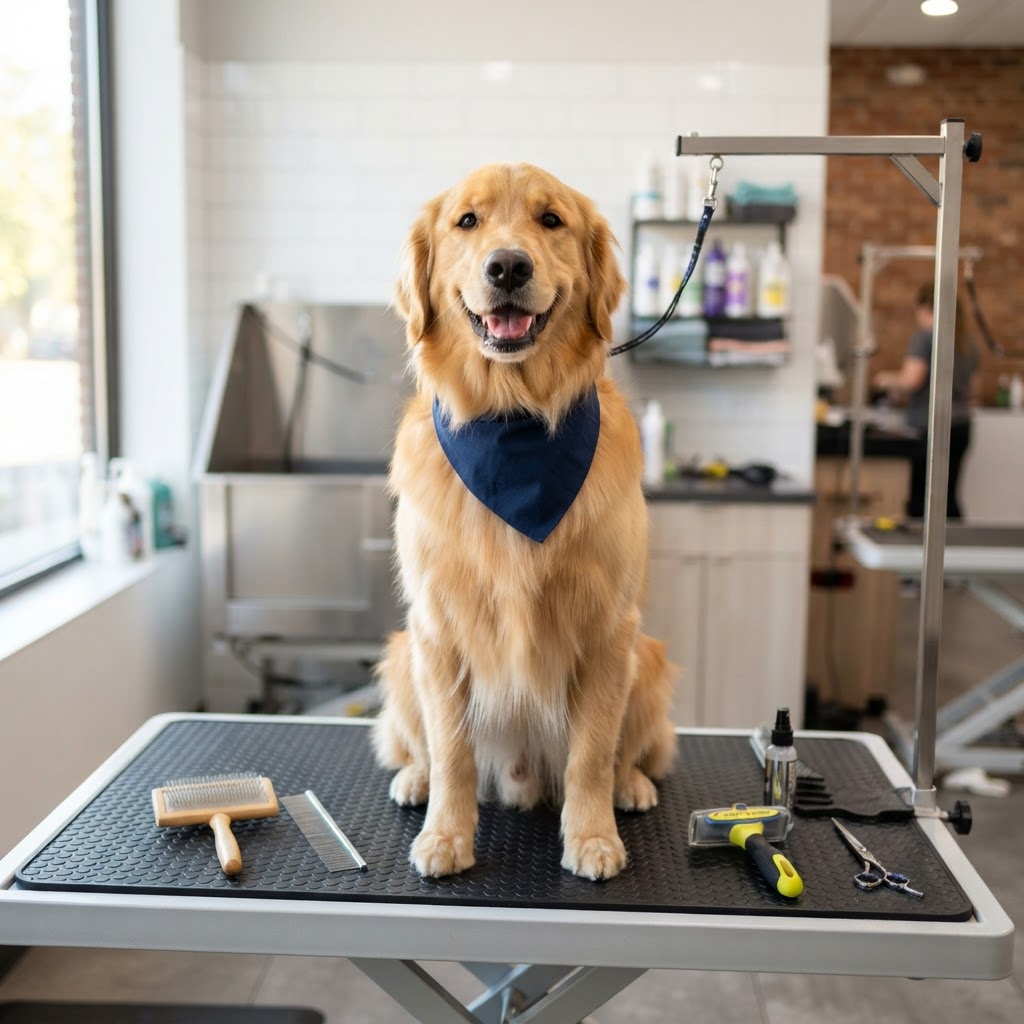 Zadowolony pies rasy Golden Retriever na stole groomerskim w salonie pielęgnacji.