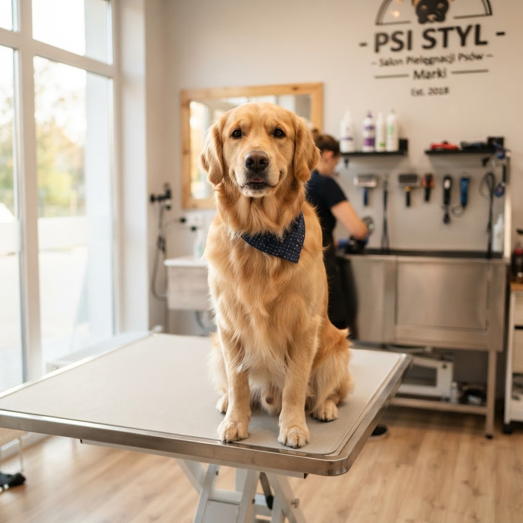 Zadbany pies rasy Golden Retriever w profesjonalnym salonie groomerskim latem
