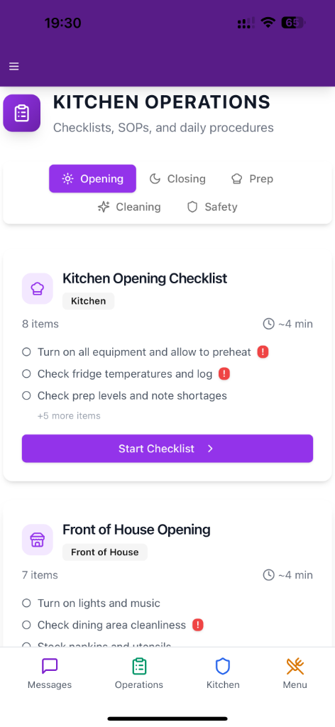 Kitchen operations checklists