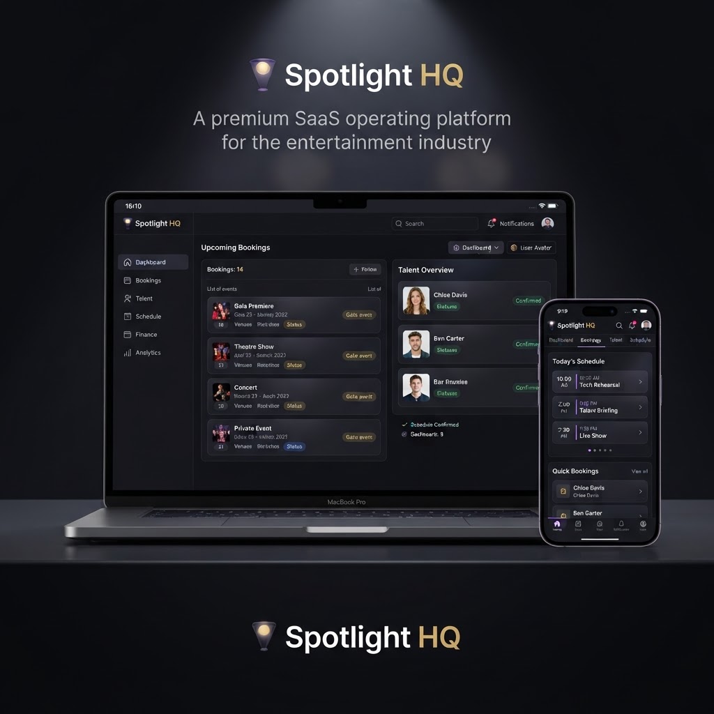 Spotlight HQ operating platform for the entertainment industry on laptop and phone