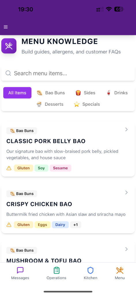 Menu knowledge and allergen guides