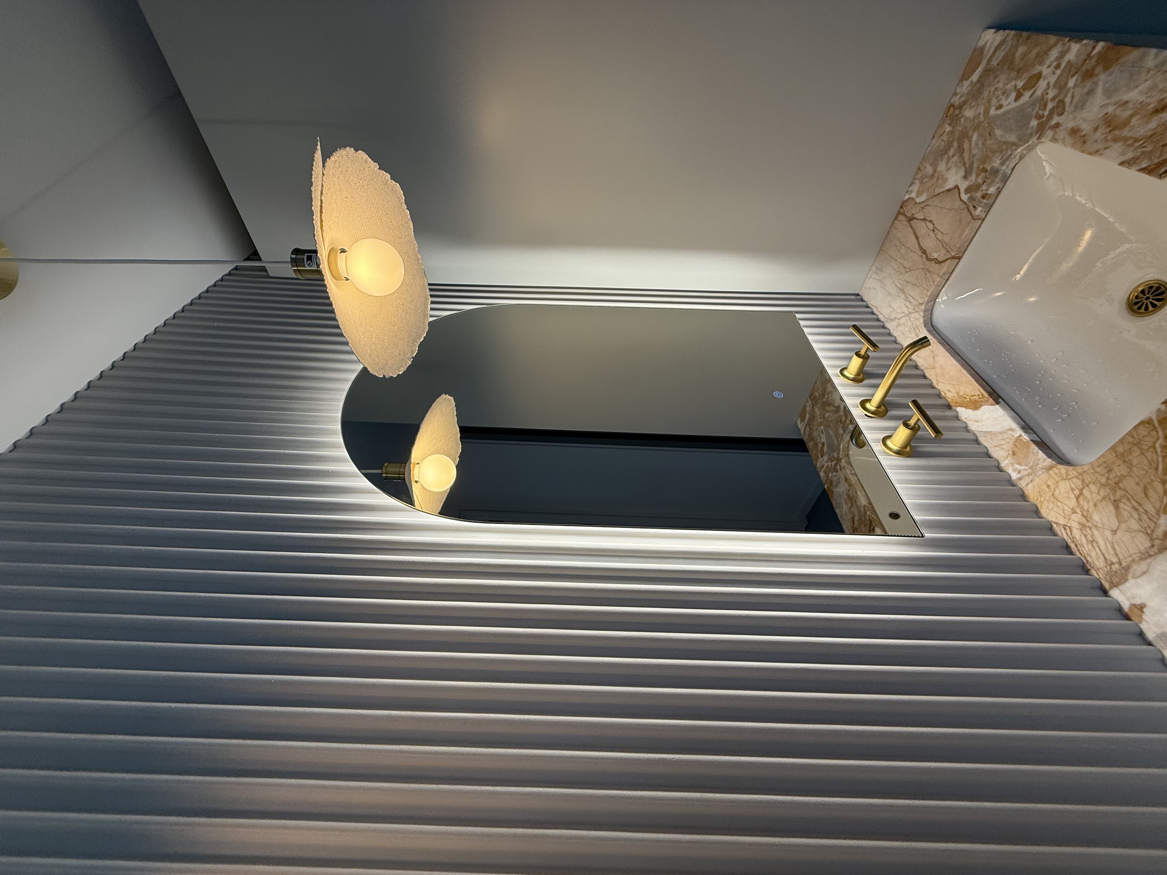 Custom Bathroom — Cement Panels & Floating Mirror