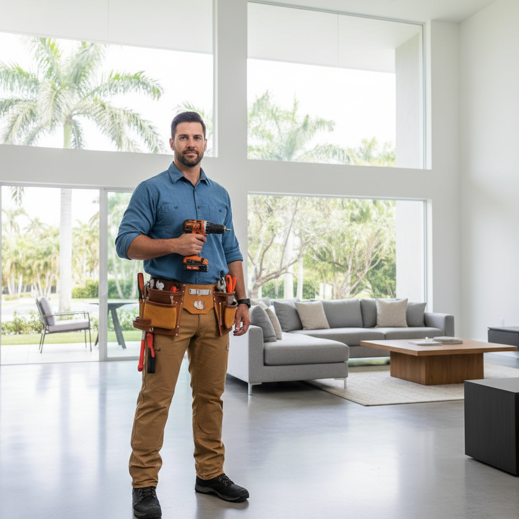 Professional handyman repairing electrical outlet in a Boca Raton home