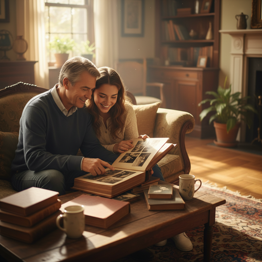 Parent with adult child sharing memories