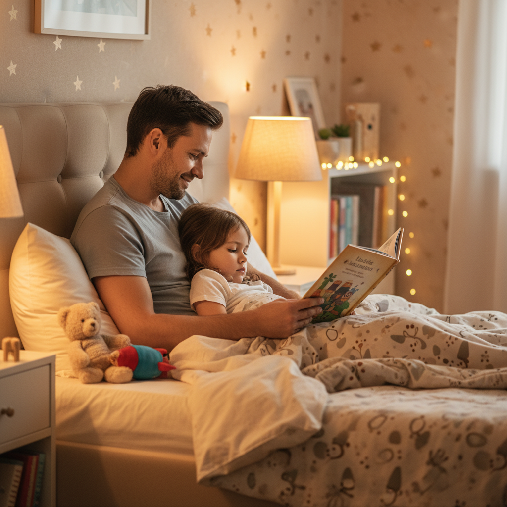 Parent reading bedtime story to child