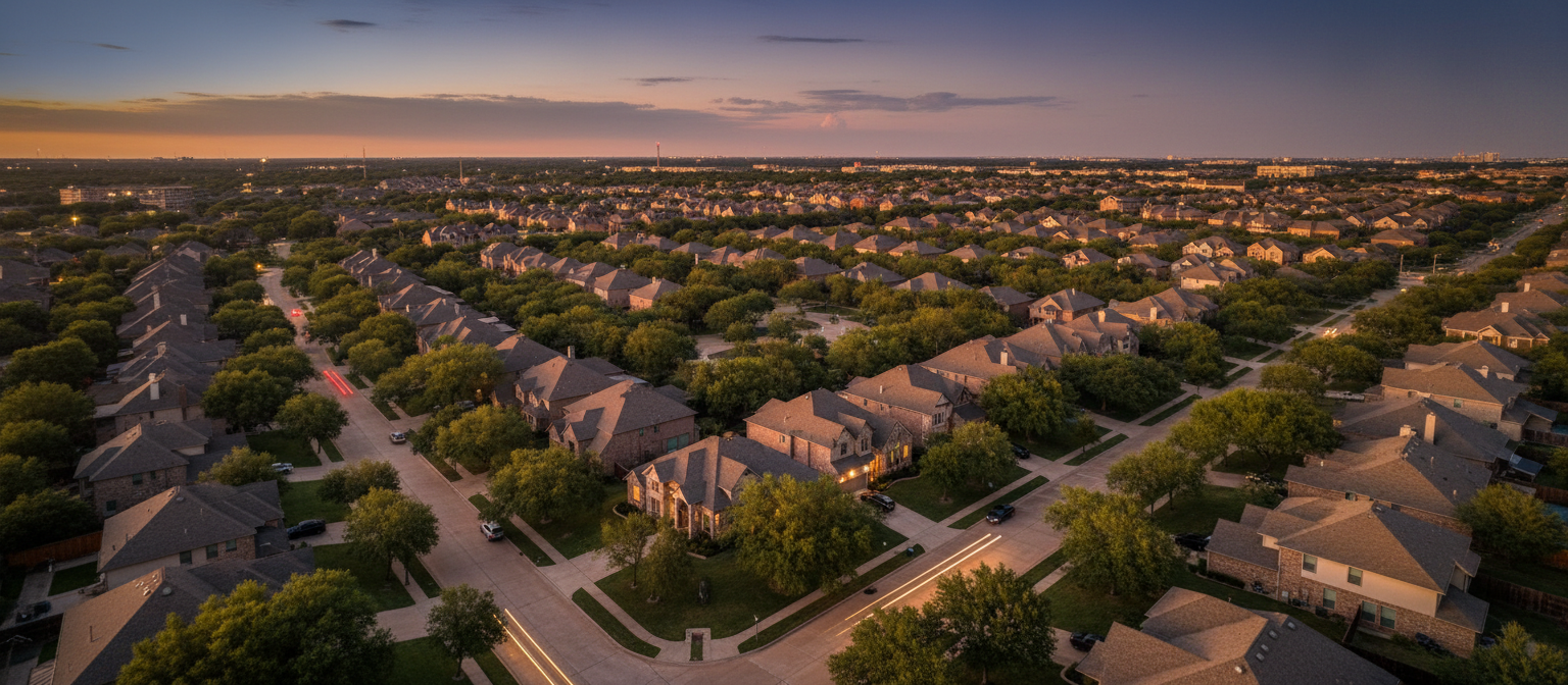 Aerial view of Plano, Texas neighborhoods served by CMN Construction