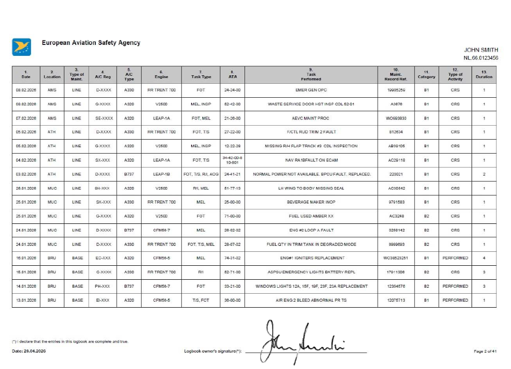 EASA-style PDF logbook export