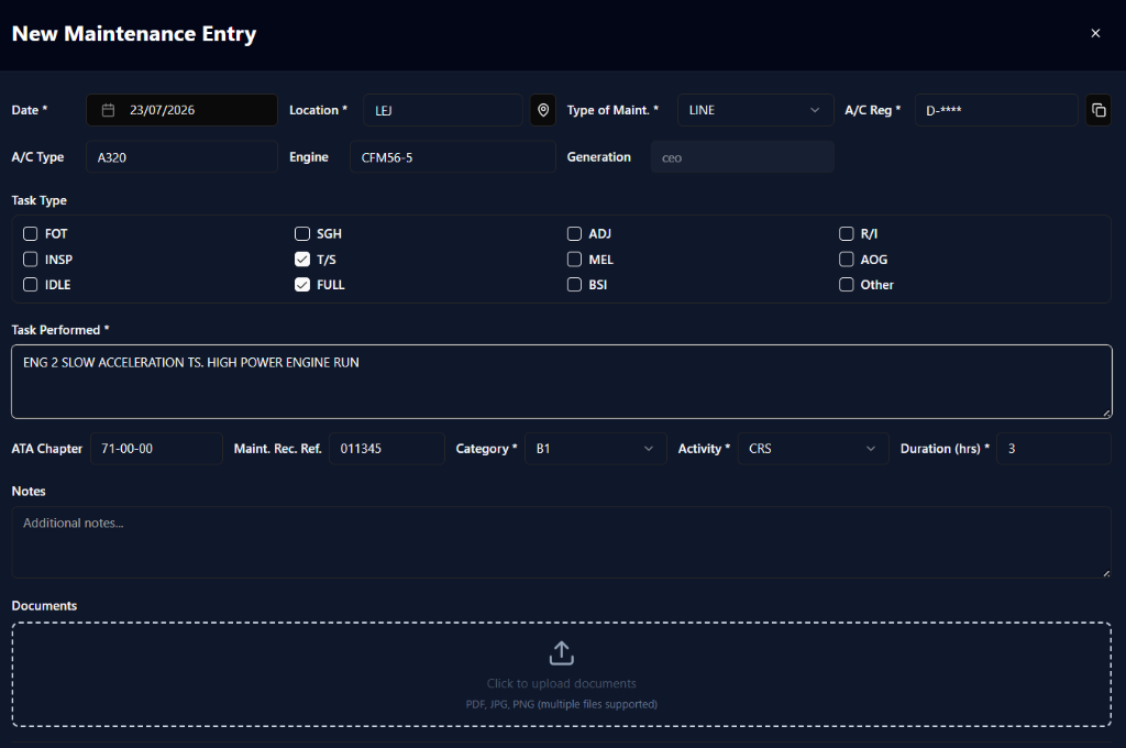 New Maintenance Entry form