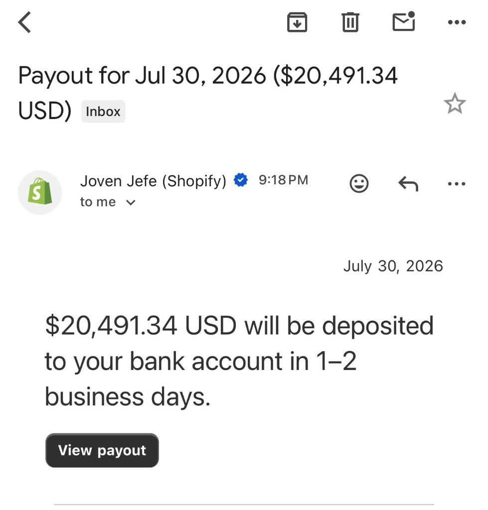 Shopify payout confirmation email