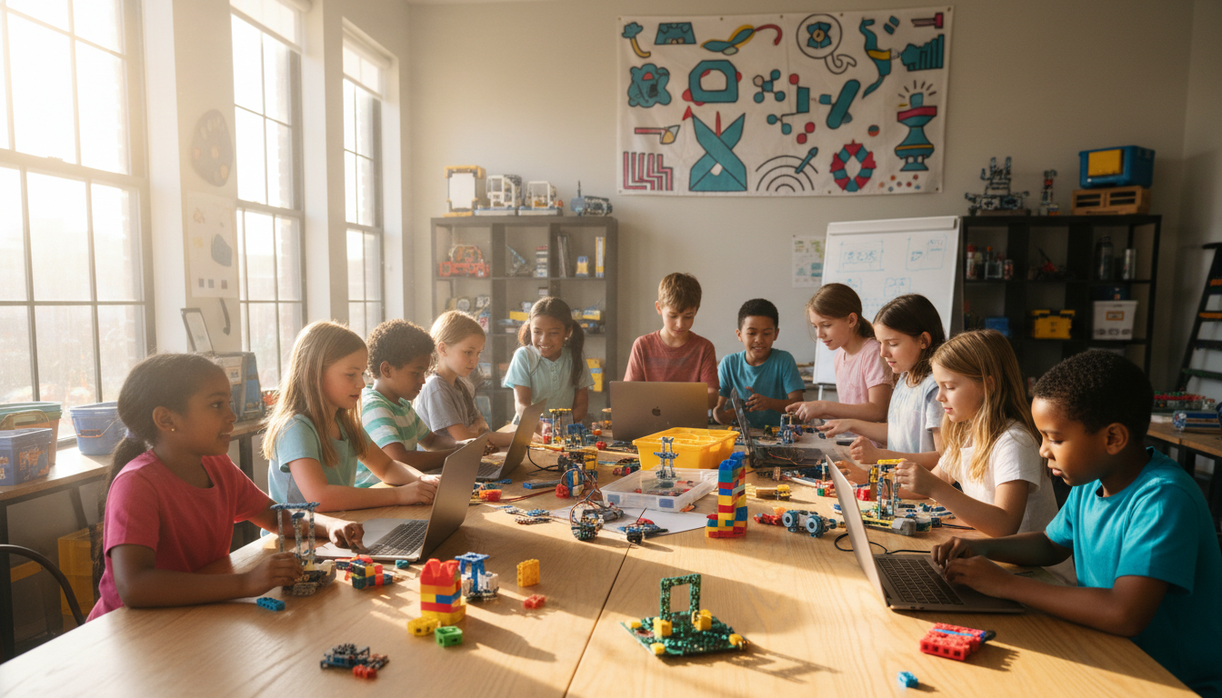 Students collaborating on a hands-on STEAM project in a maker space