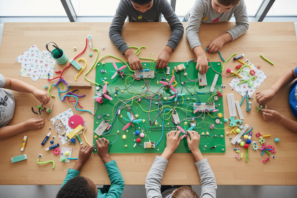 Children's hands working on colorful STEAM projects