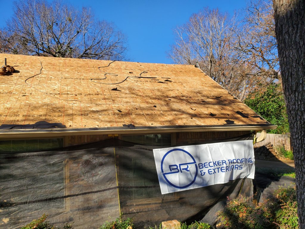 Colleyville Texas Roof Replacementripped Roofto Decking Protecting Landscapingwith Catchall - Colleyville Roofing project photo by Becker Roofing and Exteriors