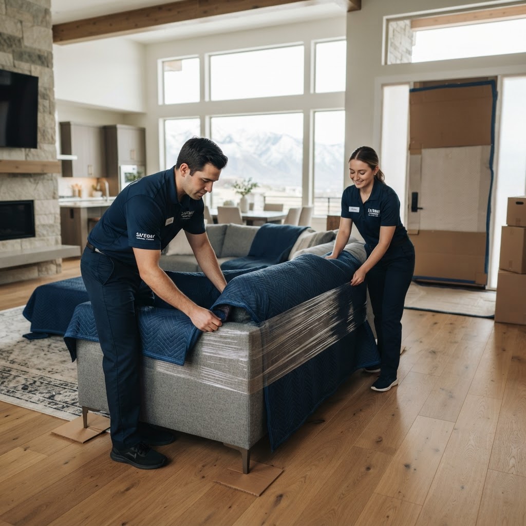 Ohana Movers crew carefully protecting and moving furniture inside a beautiful Utah home