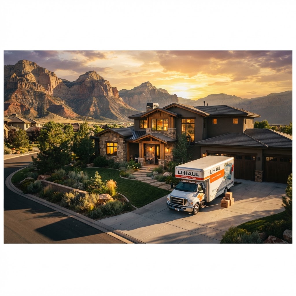 Ohana Movers truck at a Utah home at golden hour