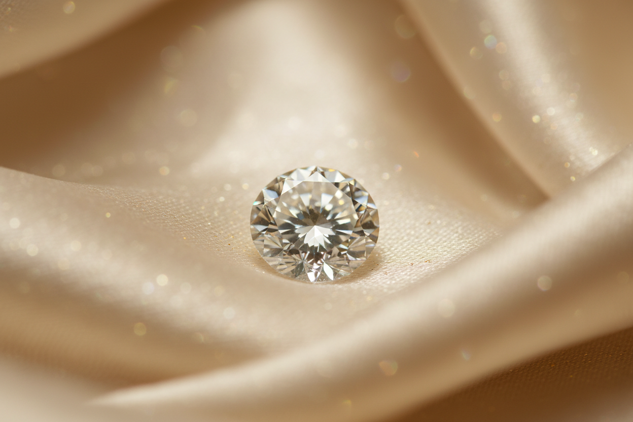 Single brilliant diamond resting on cream silk