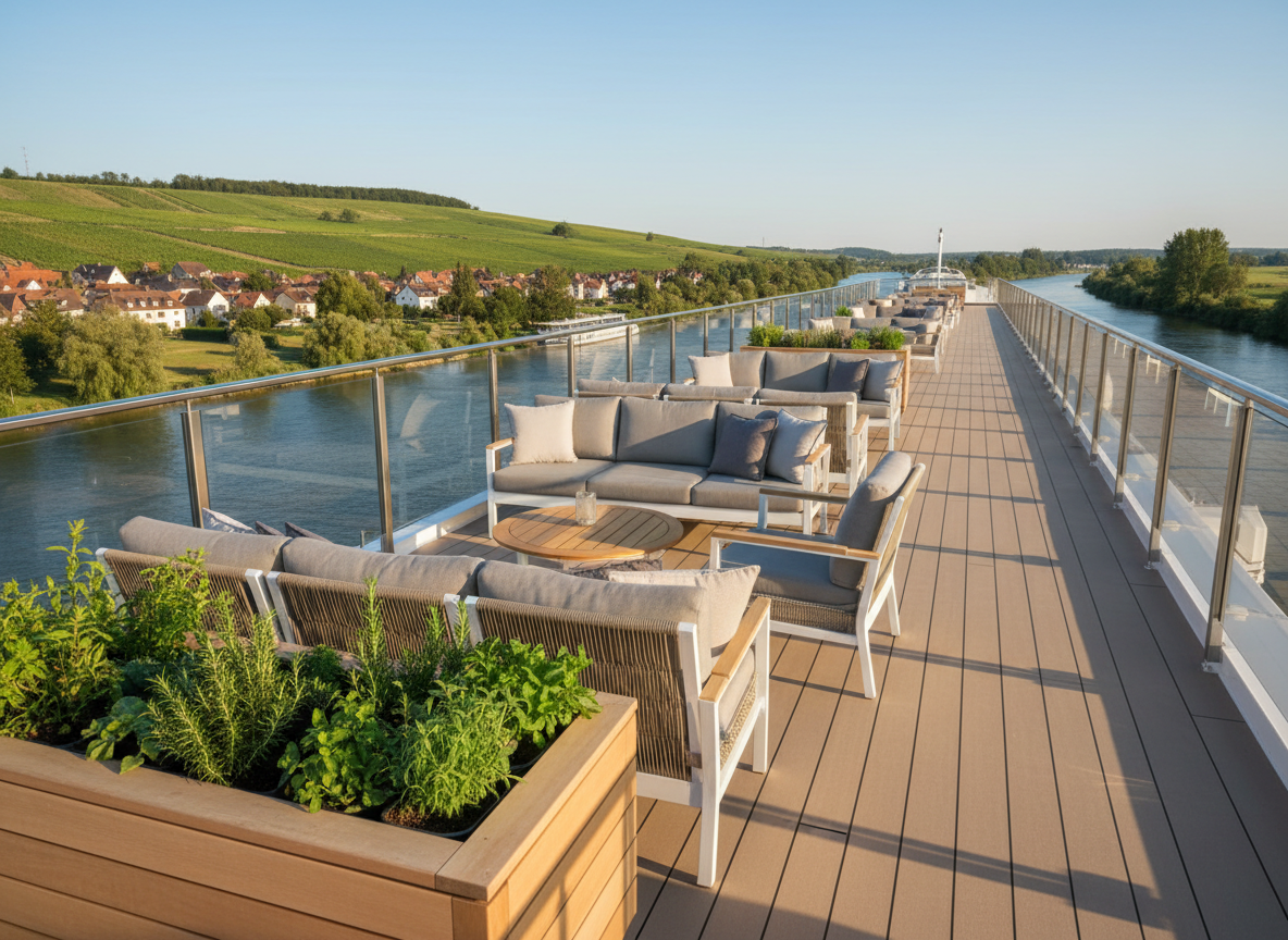 Viking Longship sun deck with comfortable lounge furniture and panoramic views