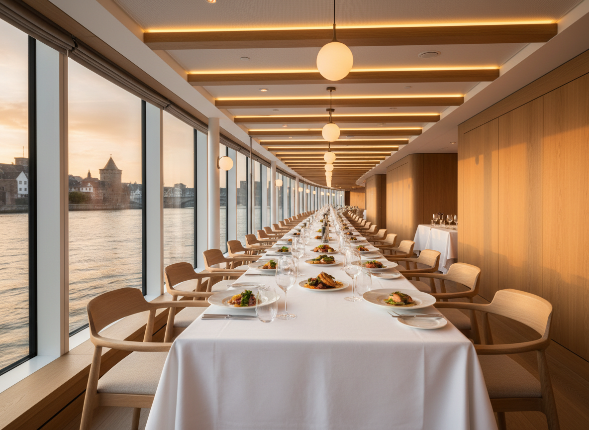 Viking Longship dining restaurant with panoramic river views