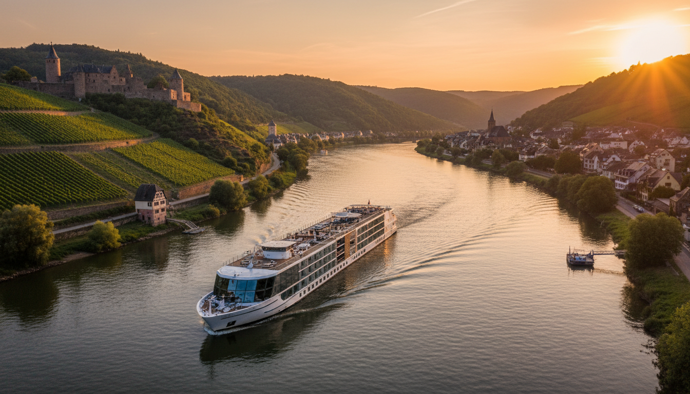 Viking Longship sailing through a European river valley at golden hour