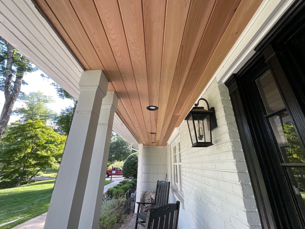 Cedar porch ceiling with recessed lighting