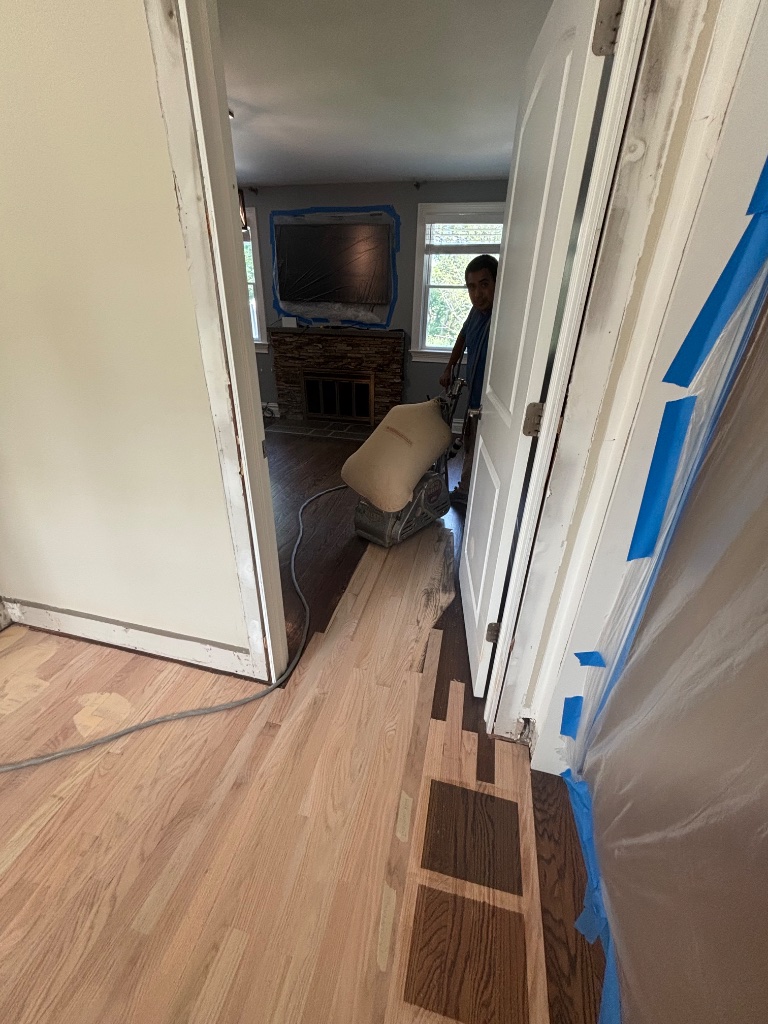 Hardwood floor stain test patches during refinishing
