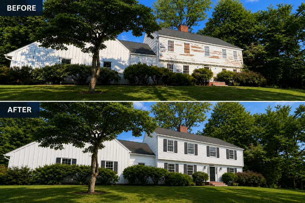 Exterior home before and after renovation with new shutters and paint