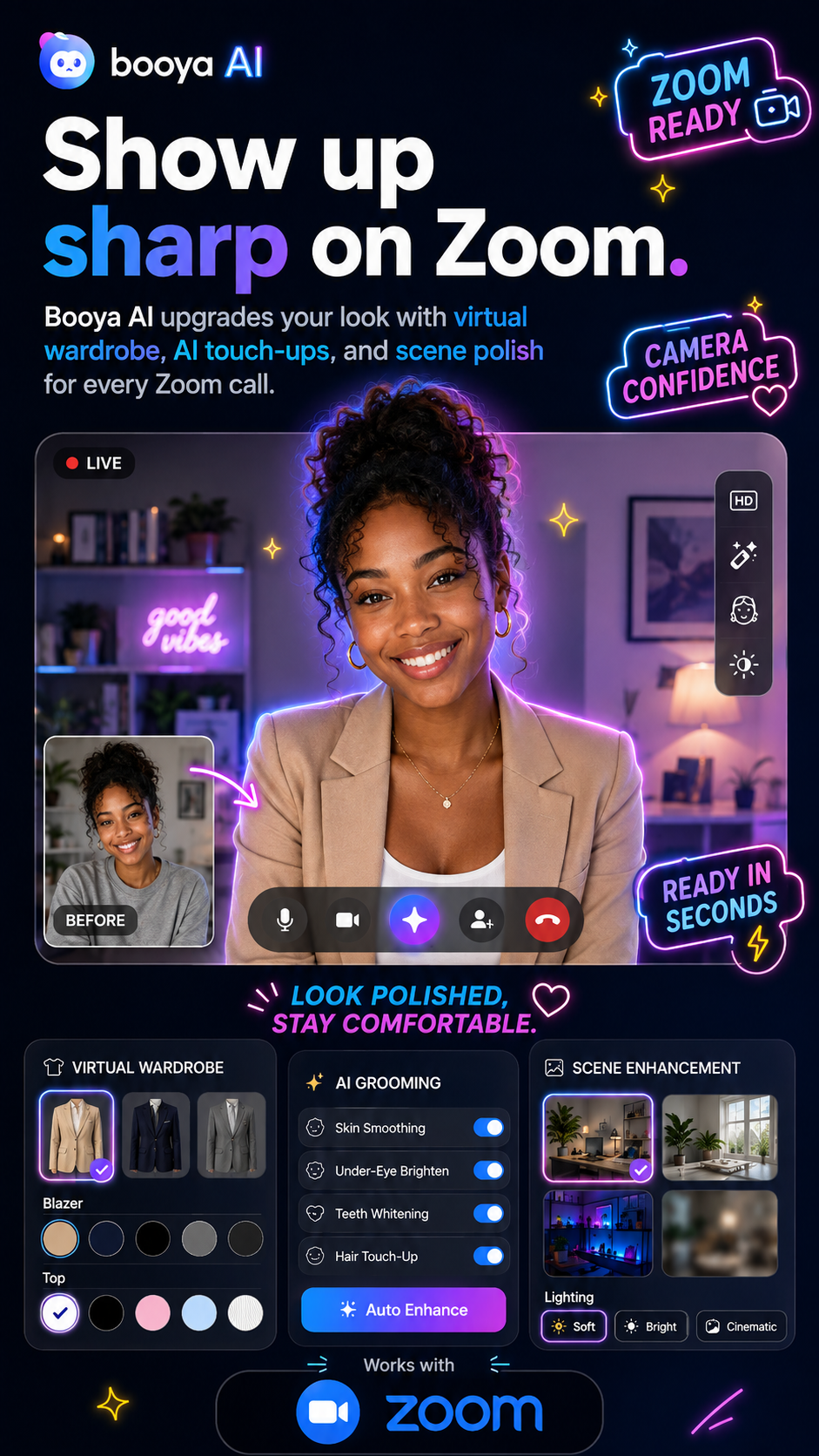 Booya.ai before-and-after look upgrade on a video call