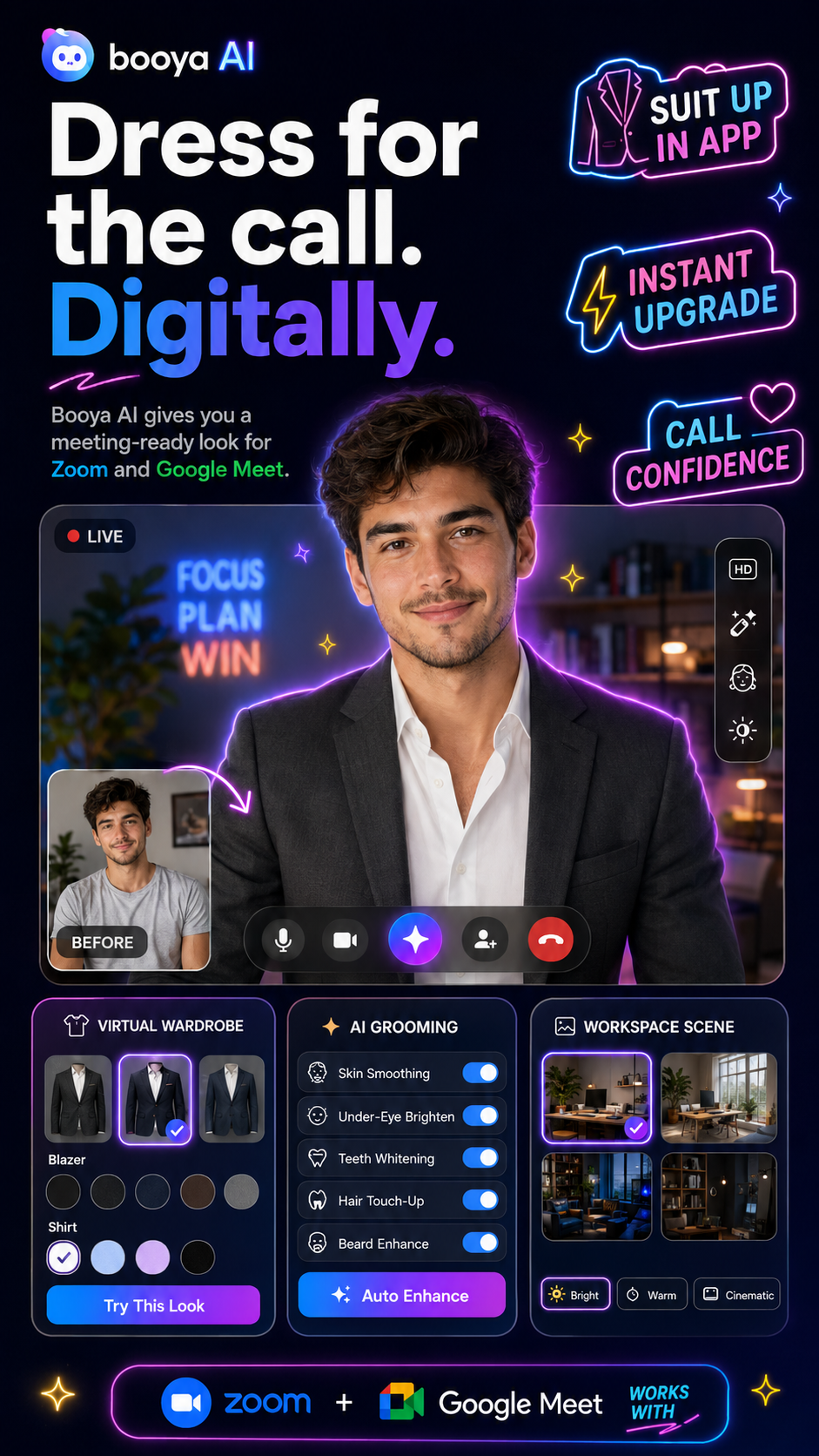 Booya.ai virtual wardrobe and grooming control panels