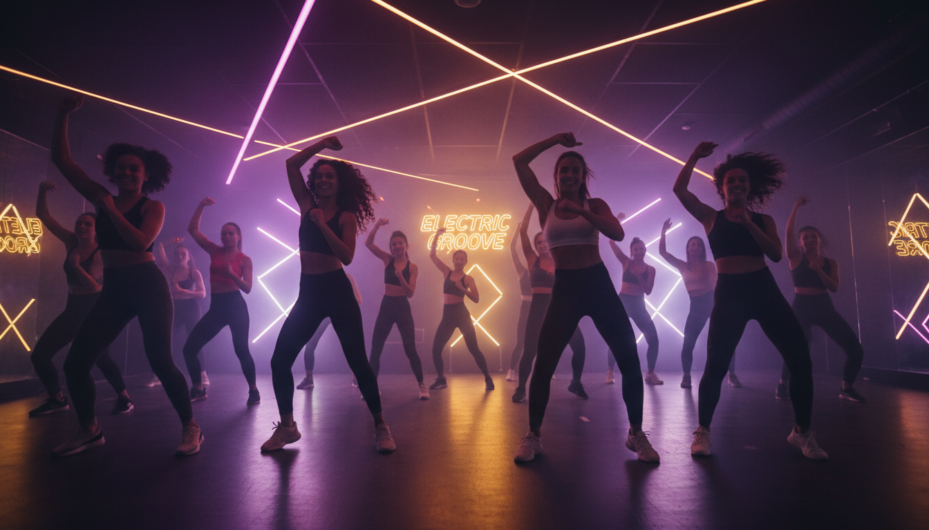 Energetic dance fitness class with neon lighting