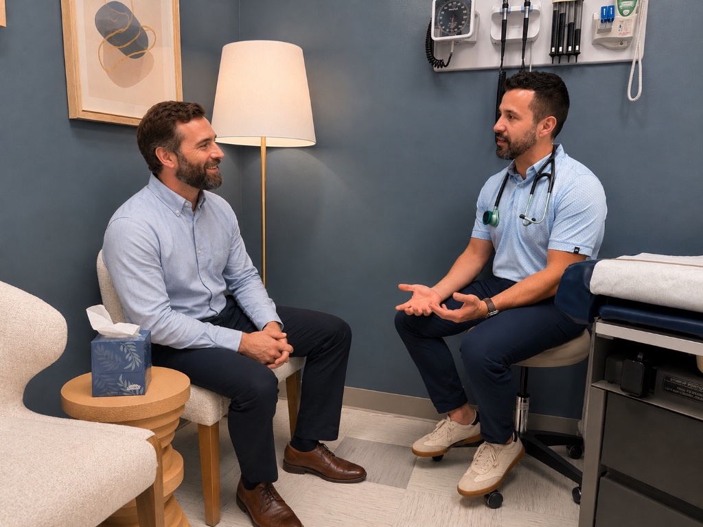 Dr. Venis in conversation with a patient during a meet & greet