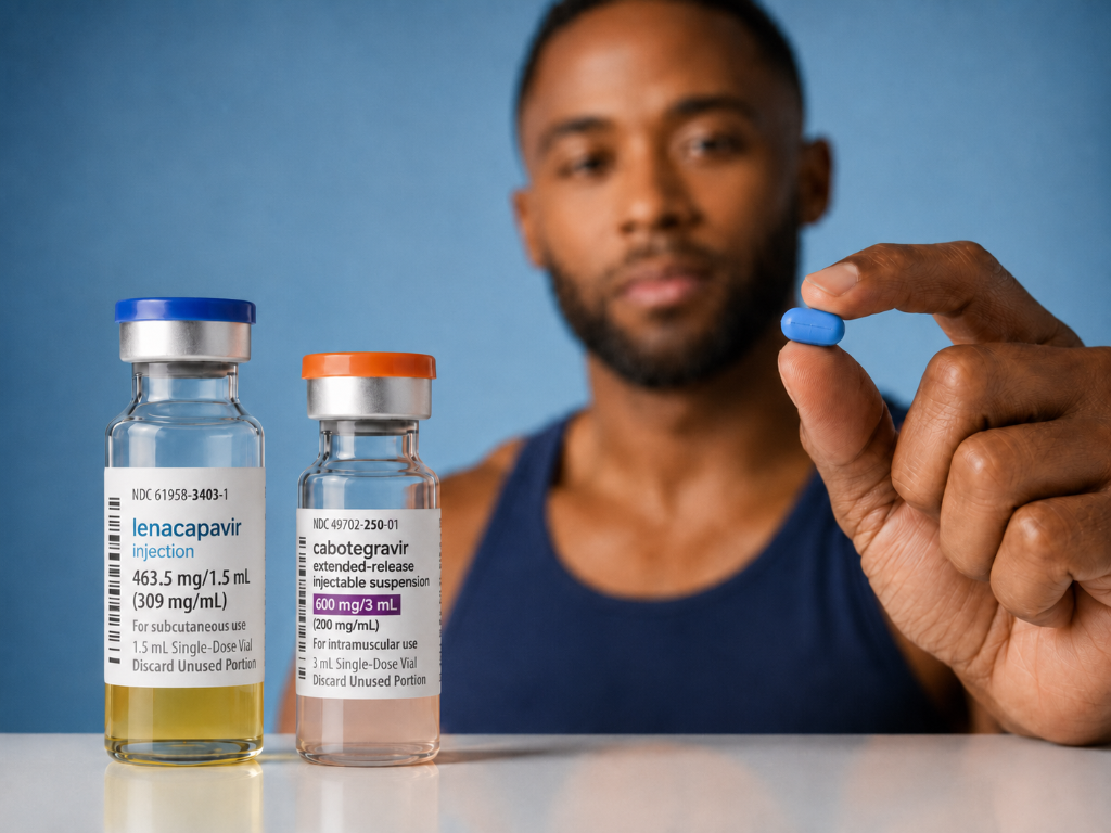 Injectable medication vials lenacapavir and cabotegravir on a white surface, with a man holding a blue pill in the blurred background