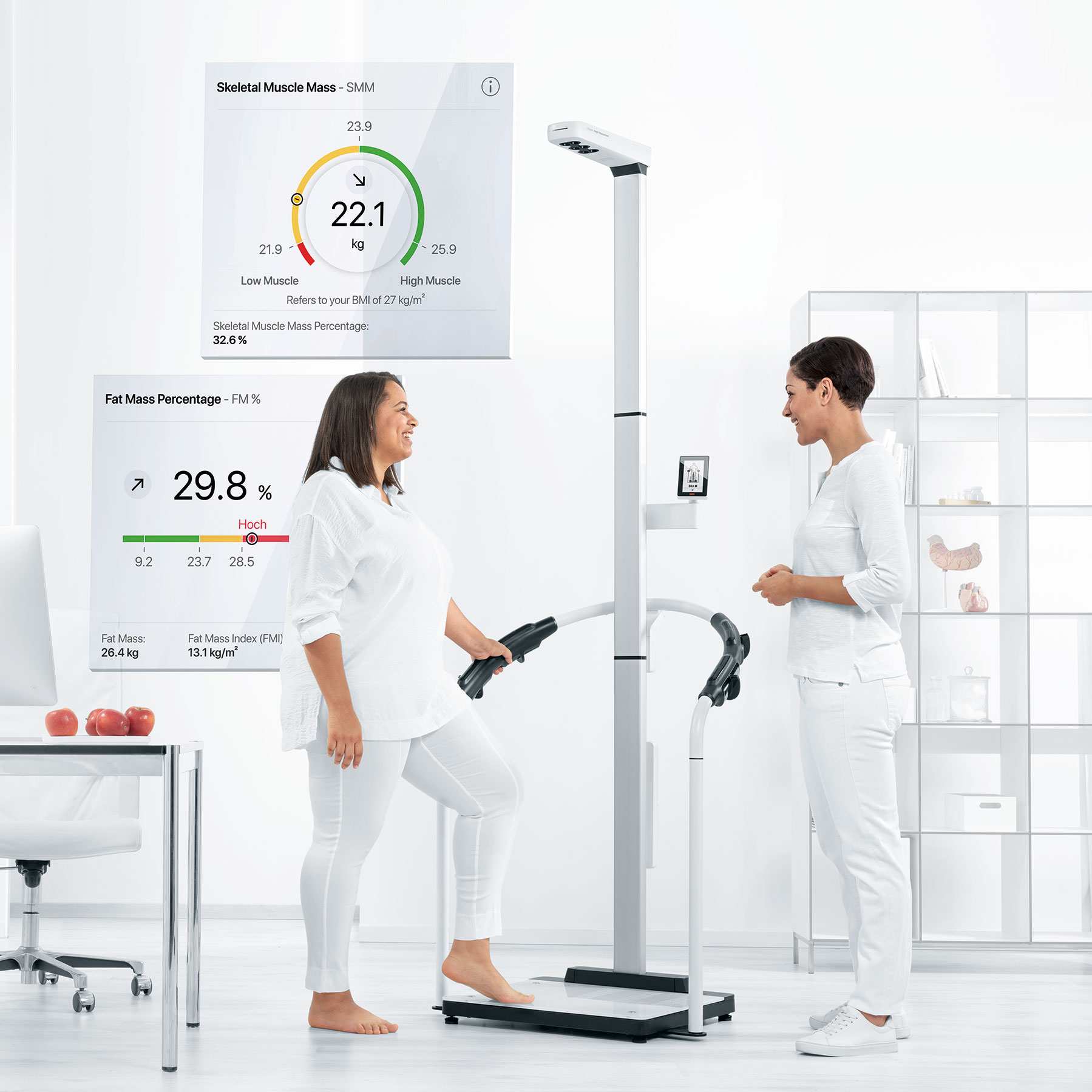 A patient undergoing body composition analysis on a medical device while a clinician looks on