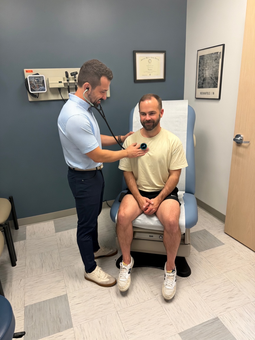 Dr. Venis listening to a patient's heart with a stethoscope during an exam at INcircle Health