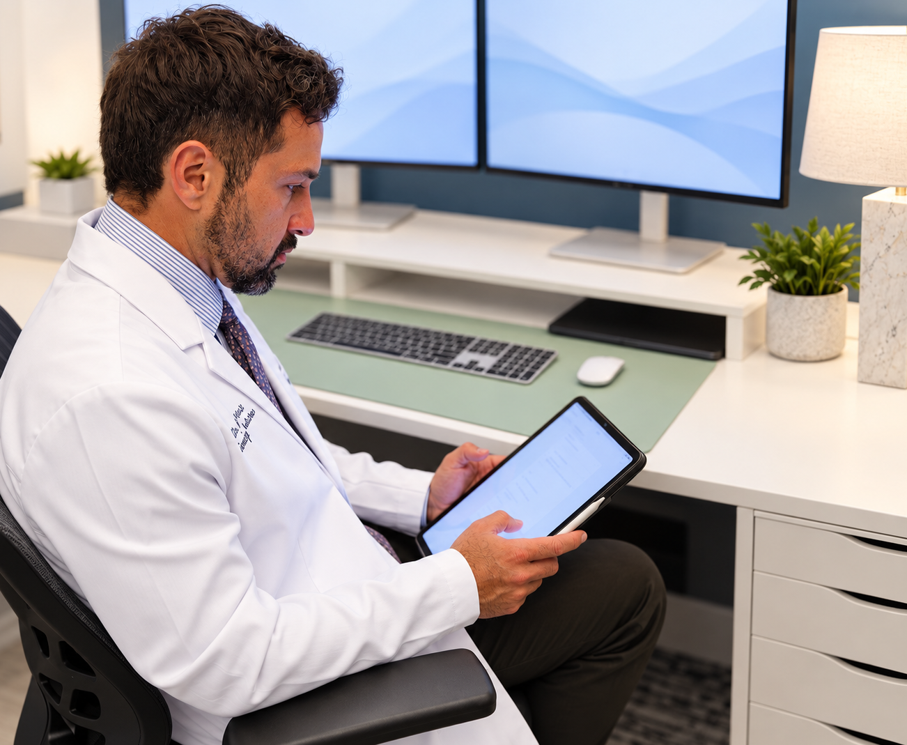 Dr. Venis reviewing results on a tablet at his desk