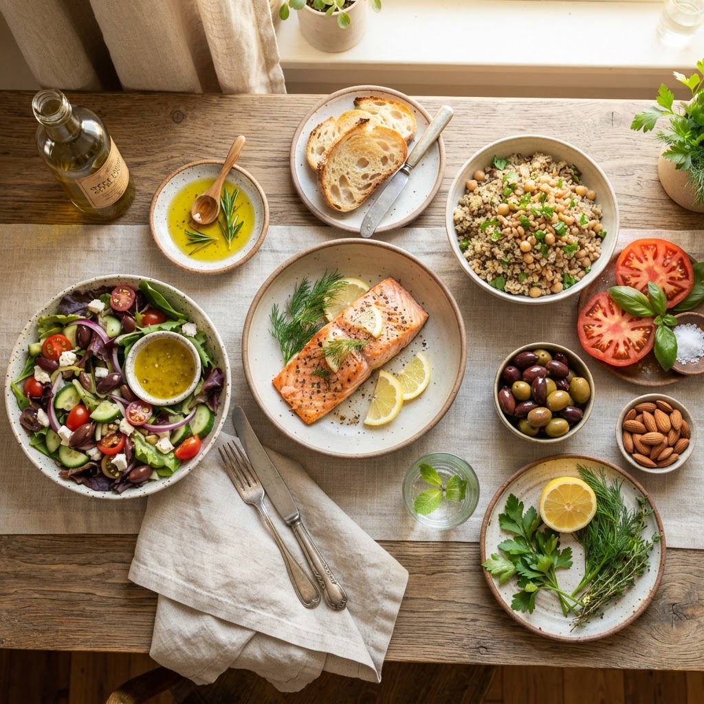 Mediterranean diet — fresh vegetables, olive oil, fish and whole grains