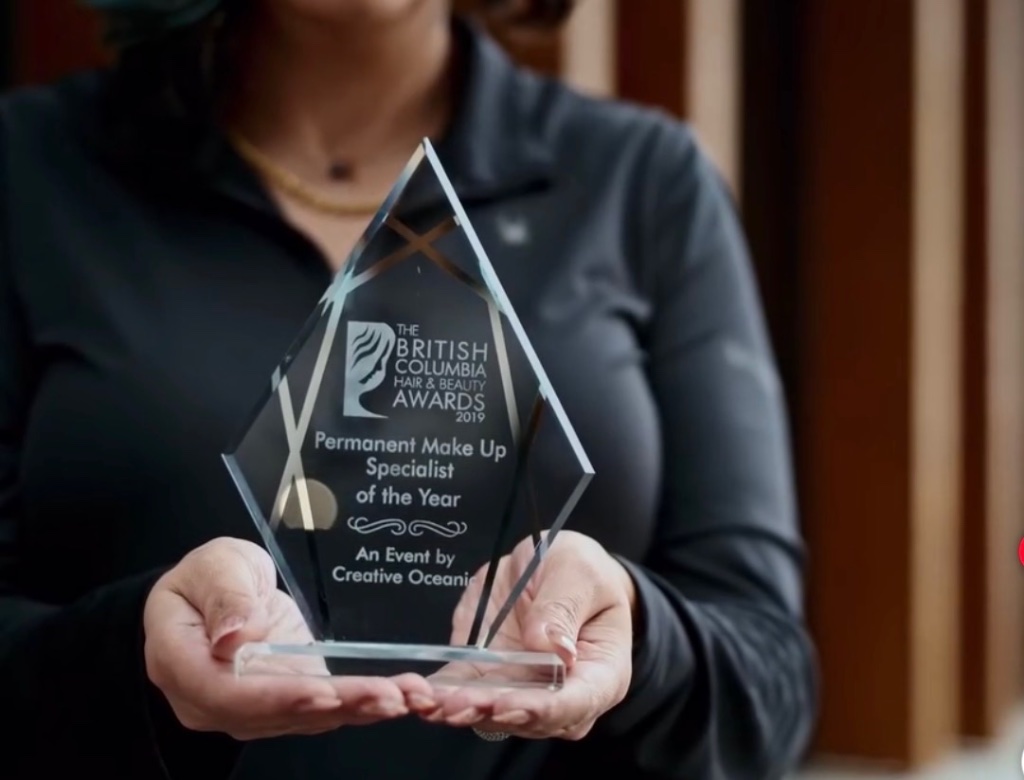 BC Hair and Beauty Awards 2019 winner trophy — Nasim Mostafavi, permanent makeup specialist, Dina's Hair Vogue West Vancouver