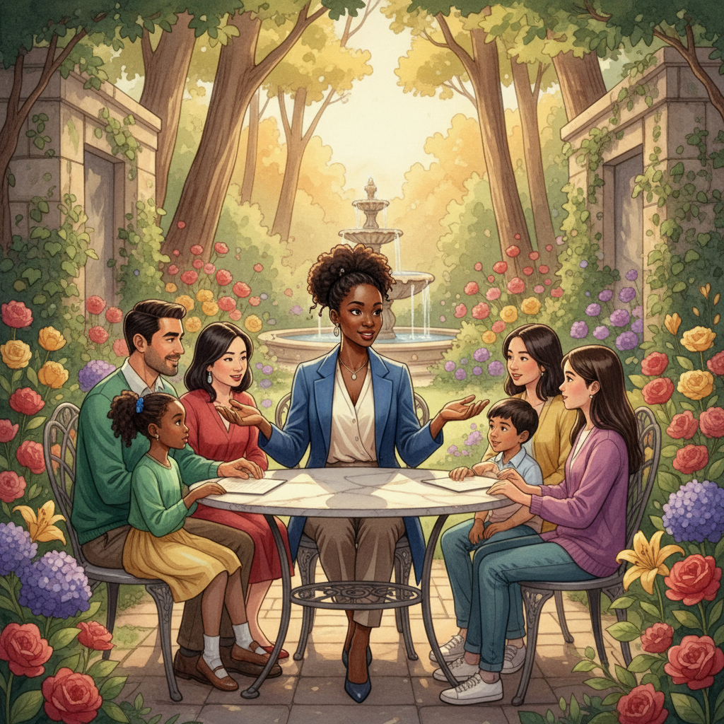 Professional social worker conducting a family meeting in a luxurious garden setting